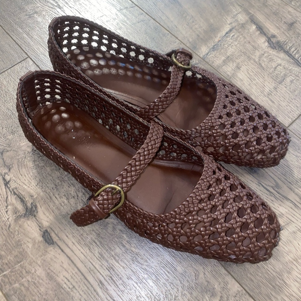 Brown Woven Mary Jane Flats